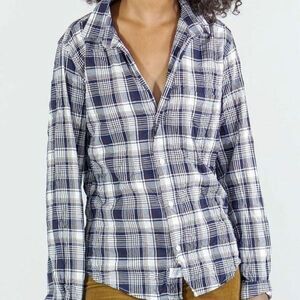 Frank & Eileen Top Barry Button Down Windowpane Grid Brown Blue Long Sleeve XS